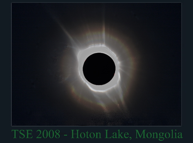 Totality: 2 minutes, 8 seconds at 10:57:46 UT at Hoton Lake, Mongolia